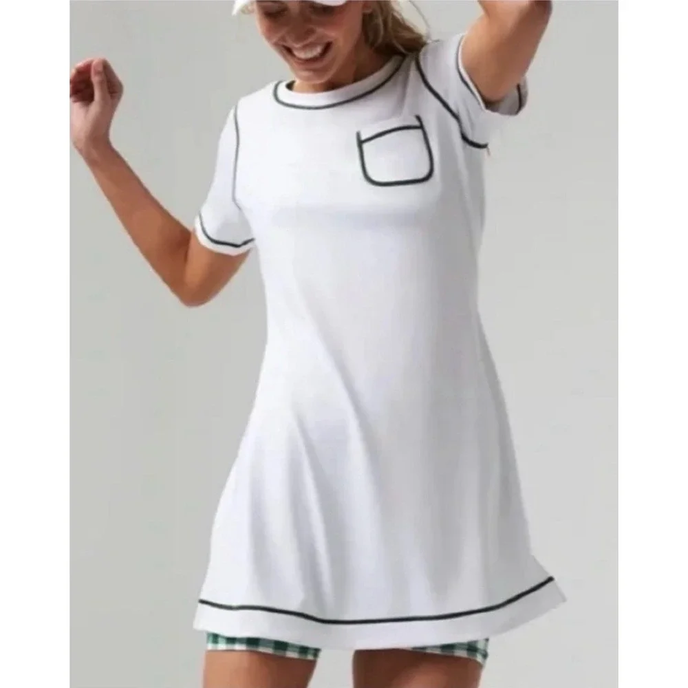 Tuckernuck Tennis Sport Dress White Green Trim Front Pocket Preppy Sz Small